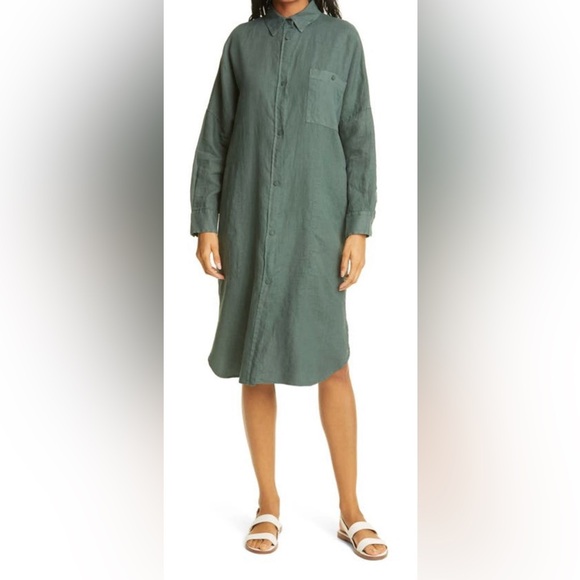 MaxMara Dresses & Skirts - MaxMara Procida Long Sleeve Flax Linen Shirt dress In Dark Green